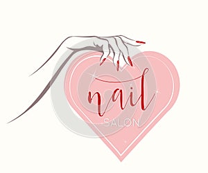 Woman hands, elegant nail polish manicure illustration. Heart shape pink panel.