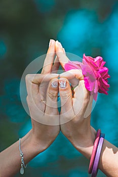 Woman hands with flower in yoga mudra gesture outdoor in nature