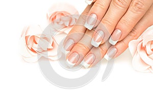 Woman hands with french manicure close up