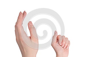 Woman hands with french manicure  on white bacckground