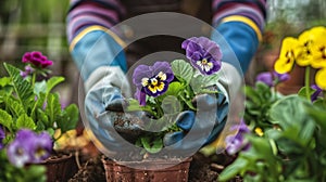 Woman hands in gardening gloves repotting flower plants at home