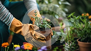 Woman hands in gardening gloves repotting flower plants at home