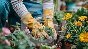 Woman hands in gardening gloves repotting flower plants at home