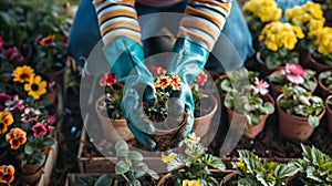 Woman hands in gardening gloves repotting flower plants at home