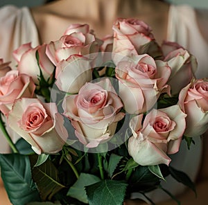 woman hands gently holding a lavish bouquet of roses