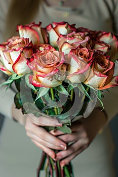 woman hands gently holding a lavish bouquet of roses