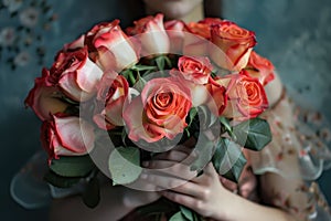 woman hands gently holding a lavish bouquet of roses