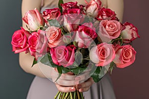 woman hands gently holding a lavish bouquet of roses