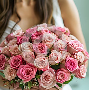 woman hands gently holding a lavish bouquet of roses