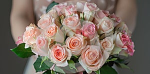 woman hands gently holding a lavish bouquet of roses