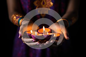 Woman hands with henna holding colorful clay diya lamps lit during diwali celebration