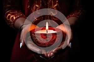 Woman hands with henna holding colorful clay diya lamps lit during diwali celebration