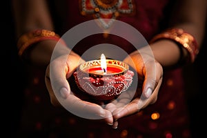Woman hands with henna holding colorful clay diya lamps lit during diwali celebration