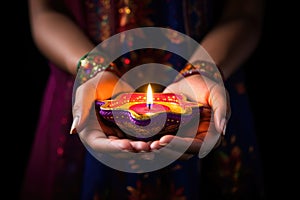 Woman hands with henna holding colorful clay diya lamps lit during diwali celebration