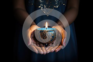 Woman hands with henna holding colorful clay diya lamps lit during diwali celebration