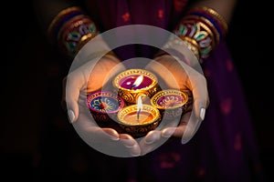 Woman hands with henna holding colorful clay diya lamps lit during diwali celebration