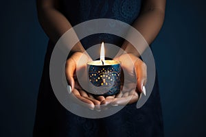 Woman hands with henna holding colorful clay diya lamps lit during diwali celebration