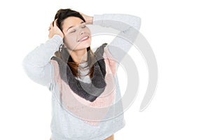 Woman hands on her head and her eyes closed