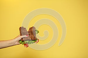 Woman hands hold bitten sandwich on yellow background. Sandwich promotion concept