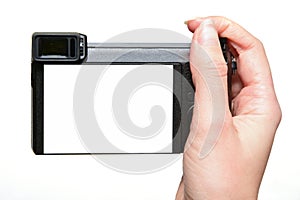 Woman hands hold photo camera, isolated on white, blank empty screen