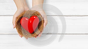 Woman Hands Hold Red Heart in bird nest on white wood background. Protect Love or Health Concept with Copy Space