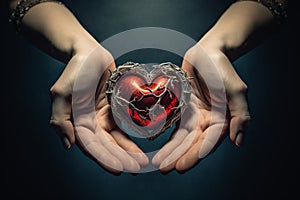 Woman hands holding artificial stylized heart symbol