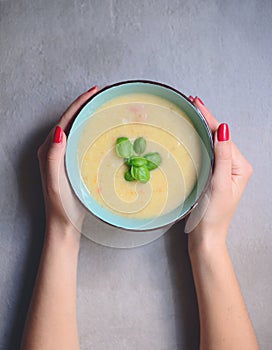 Woman hands holding bowl with home made vegetable soup - Healthy food concept