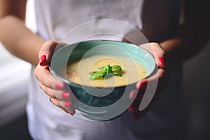 Woman hands holding bowl with home made vegetable soup - Healthy food concept