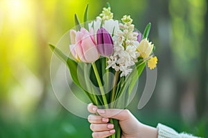 Woman hands holding bunch of beautiful colorful spring flowers outdoors