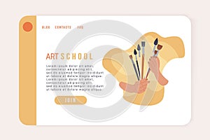 Woman hands holding bunch of paintbrushes landing page or web banner. Art school or shop concept. Creativity and handcraft concept