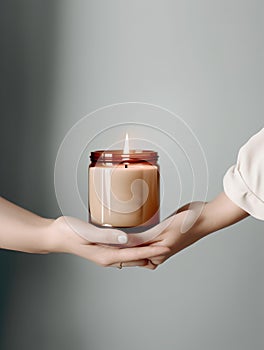 Woman hands holding burning candle, design and branding ready candle jar mockup, no face