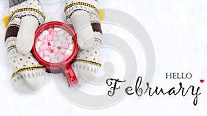Woman Hands Holding Cup of Hot Chocolate with Marshmallow candies. Knitted mittens and Warm cocoa drink. Hello February or