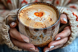 Woman hands holding cup of hot coffee latte cappuccino with heart shaped.