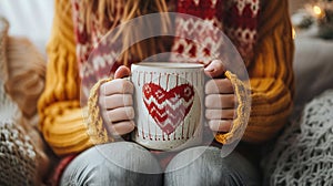 Woman hands holding cup of hot coffee latte cappuccino with heart shaped.