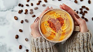 Woman hands holding cup of hot coffee latte cappuccino with heart shaped.