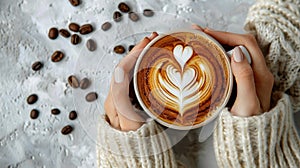 Woman hands holding cup of hot coffee latte cappuccino with heart shaped.