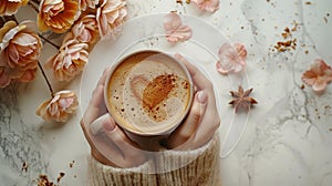 Woman hands holding cup of hot coffee latte cappuccino with heart shaped.