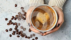 Woman hands holding cup of hot coffee latte cappuccino with heart shaped.