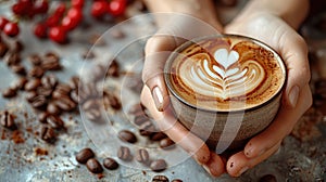 Woman hands holding cup of hot coffee latte cappuccino with heart shaped.