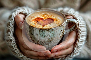 Woman hands holding cup of hot coffee latte cappuccino with heart shaped.