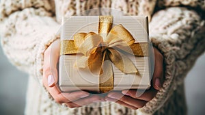 Woman hands holding elegant present gift box