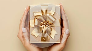 Woman hands holding elegant present gift box