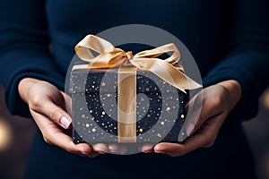 Woman hands holding elegant present gift box with golden ribbon on navy blue background with gold bokeh