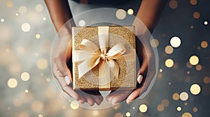 Woman hands holding elegant present gift box with golden ribbon on navy blue background with gold bokeh