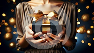 Woman hands holding elegant present gift box with golden ribbon on navy blue background with gold bokeh Horizontal,Generated AI