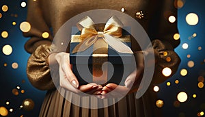 Woman hands holding elegant present gift box with golden ribbon on navy blue background with gold bokeh Horizontal,Generated AI