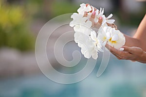 Woman hands holding Flower lei garland of white plumeria. photo