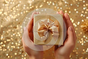 Woman hands holding a gift box in golden colors with glitter top view flat lay. Present giving concept with copy space.