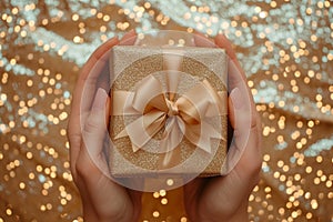 Woman hands holding a gift box in golden colors with glitter top view flat lay. Present giving concept with copy space.