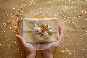 Woman hands holding a gift box in golden colors with glitter top view flat lay. Present giving concept with copy space.